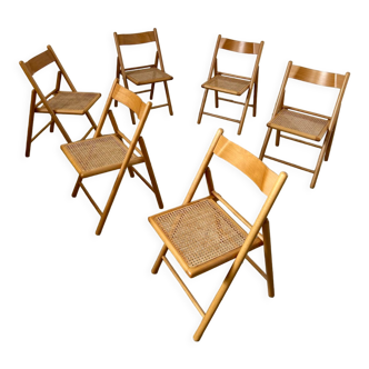 Lot 6 folding wooden chairs and vintage rattan canning year 60