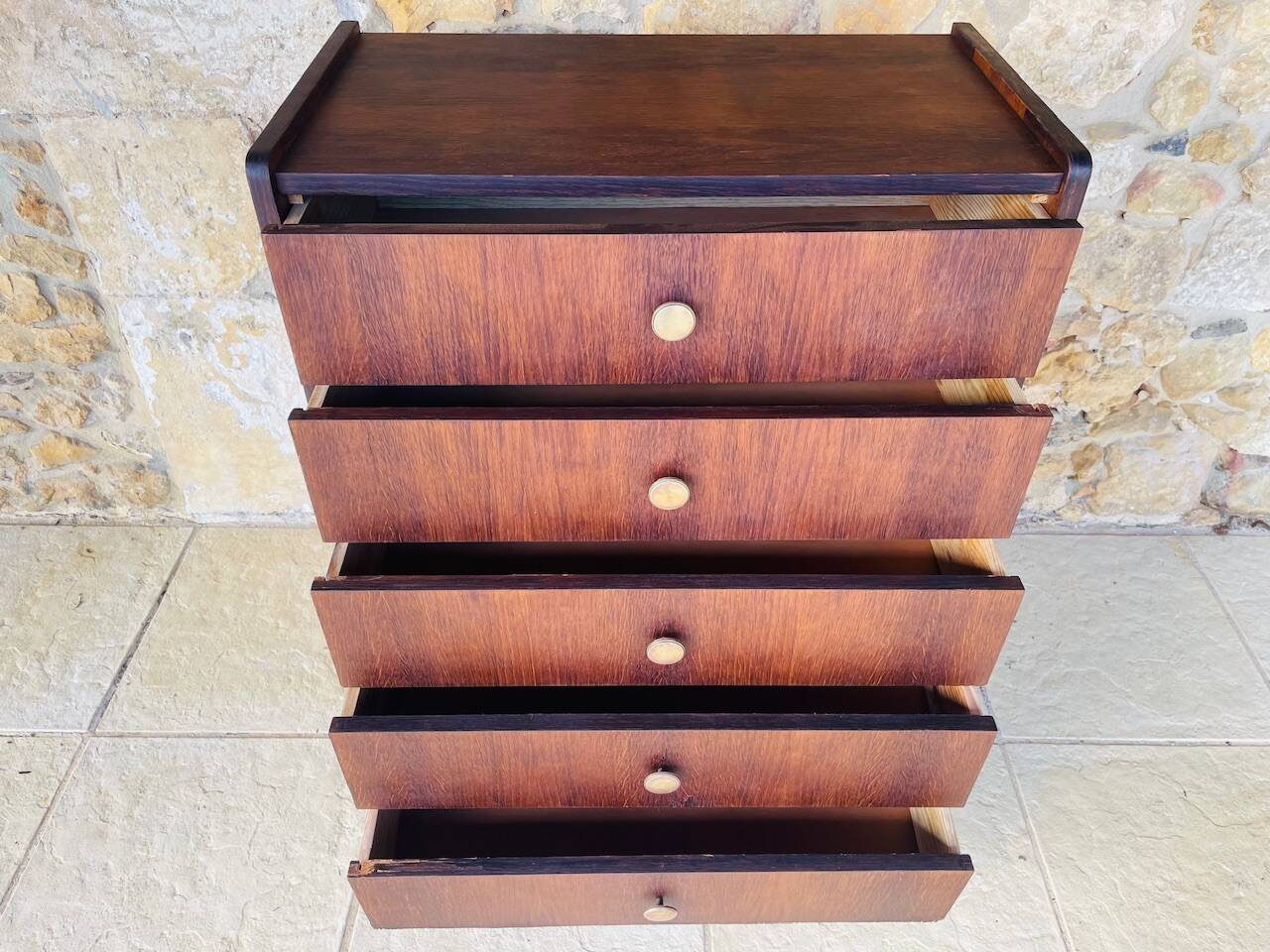 Commode haute vintage en chêne  à 5 tiroirs, circa 1950s