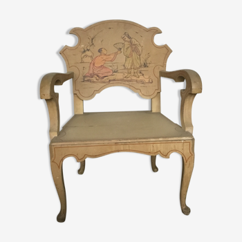Chaise où trône en bois laque de chine Vietnam vintage,peinture signée