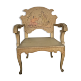 Chair or throne in Chinese lacquer wood from Vietnam, vintage, signed painting