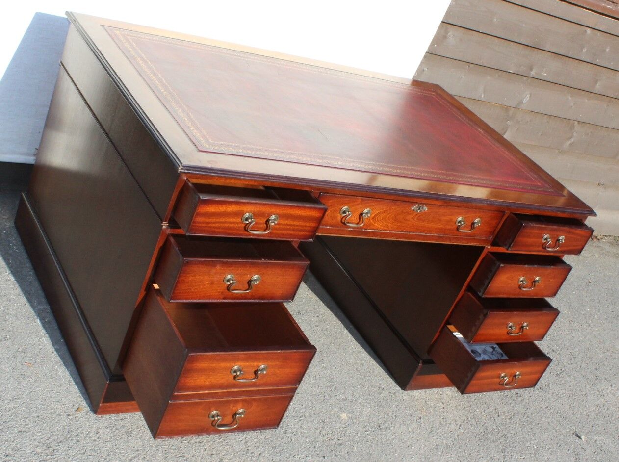 Classic English Mahogany Pedestal Desk with Red Leather