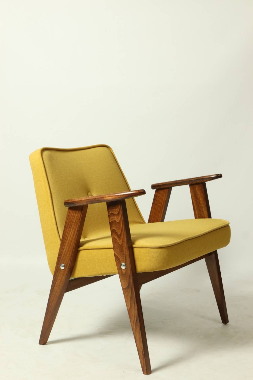 Vintage armchair plush yellow velvet soft dark wood 1962 design by Chierowski
