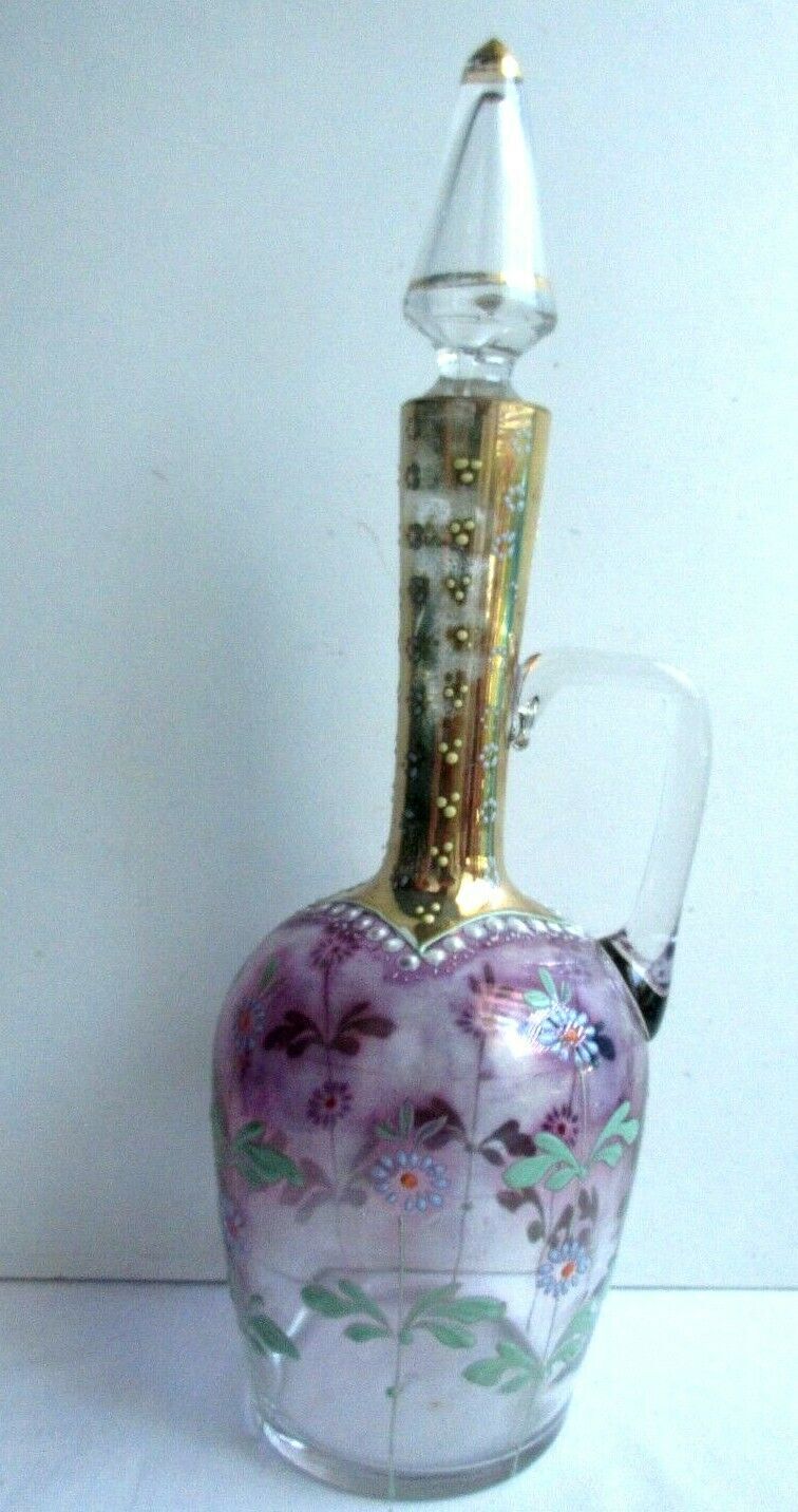 Art Nouveau ewer decanter, gilded glass and violin enamelled with daisies