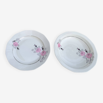 Lot de deux plats en porcelaine art deco, limoges france, BRB, fleurs roses et grises, un plat creux