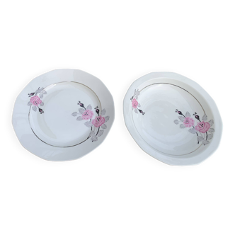 Lot de deux plats en porcelaine art deco, limoges france, BRB, fleurs roses et grises, un plat creux