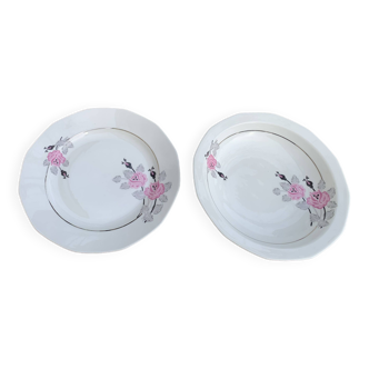 Set of two art deco porcelain dishes, Limoges France, BRB, pink and gray flowers, a hollow dish