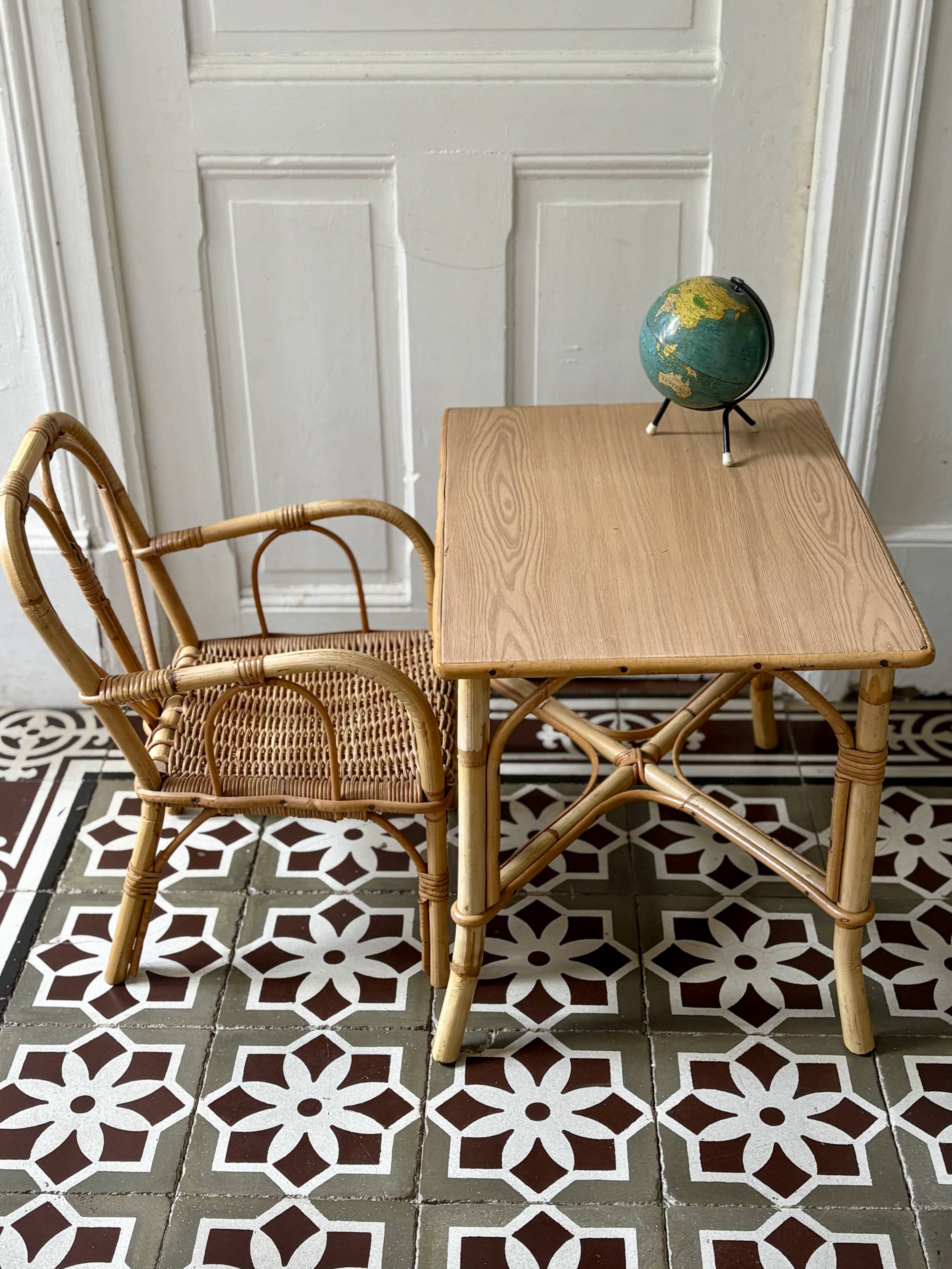 Vintage rattan desk and chair set for children