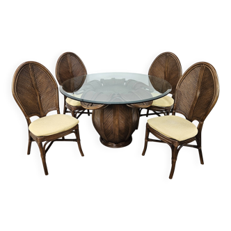 Set with table and four chairs in wicker and bamboo by Vivai Del Sud, 1970