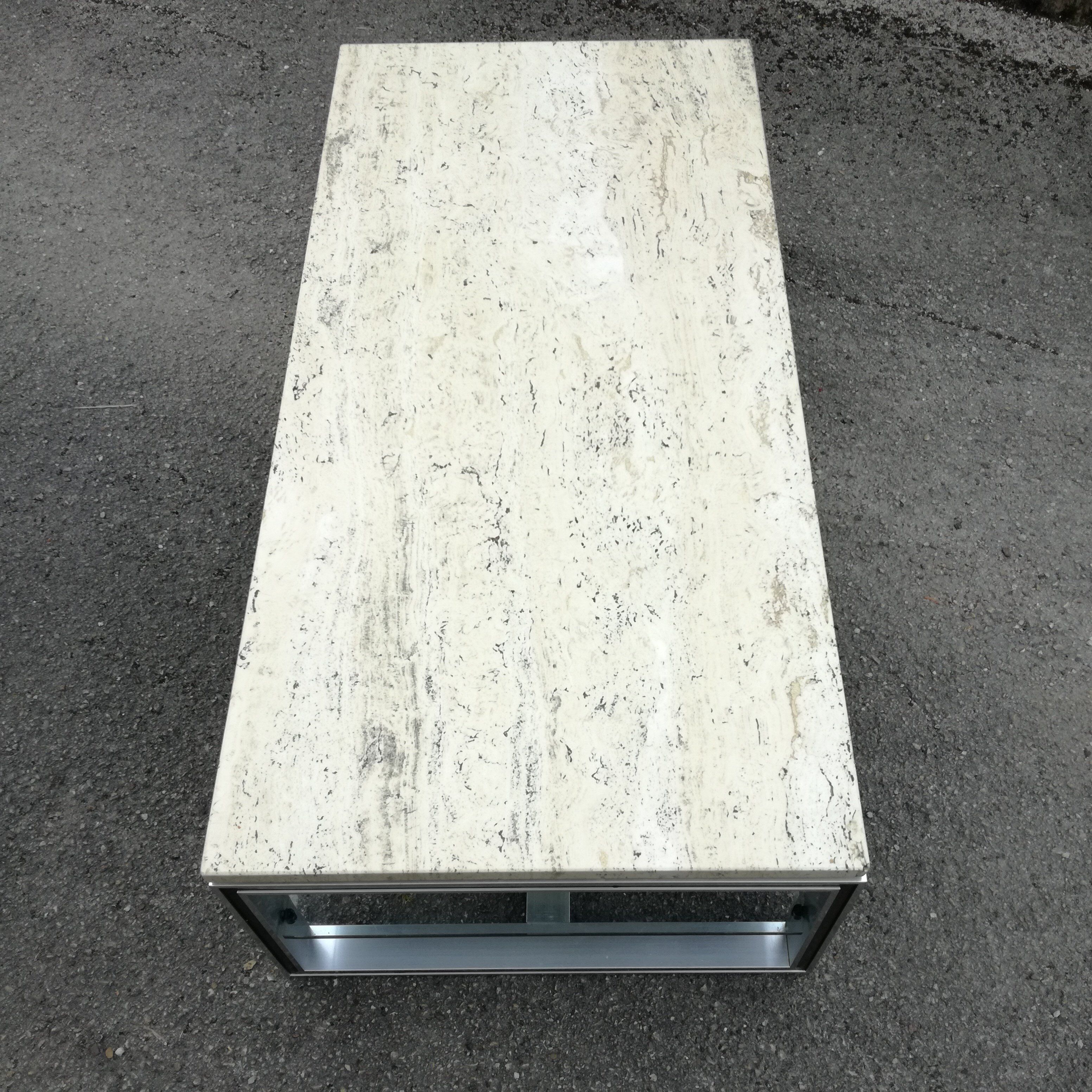 Rectangular coffee table in travertine, glass and aluminium L120