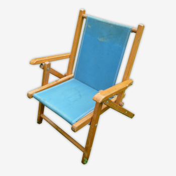 Petite chaise de jardin enfant, pliante, bois et toile, vintage 60s.