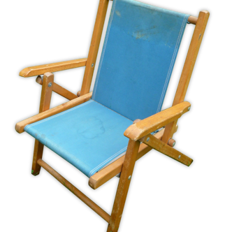 Petite chaise de jardin enfant, pliante, bois et toile, vintage 60s.