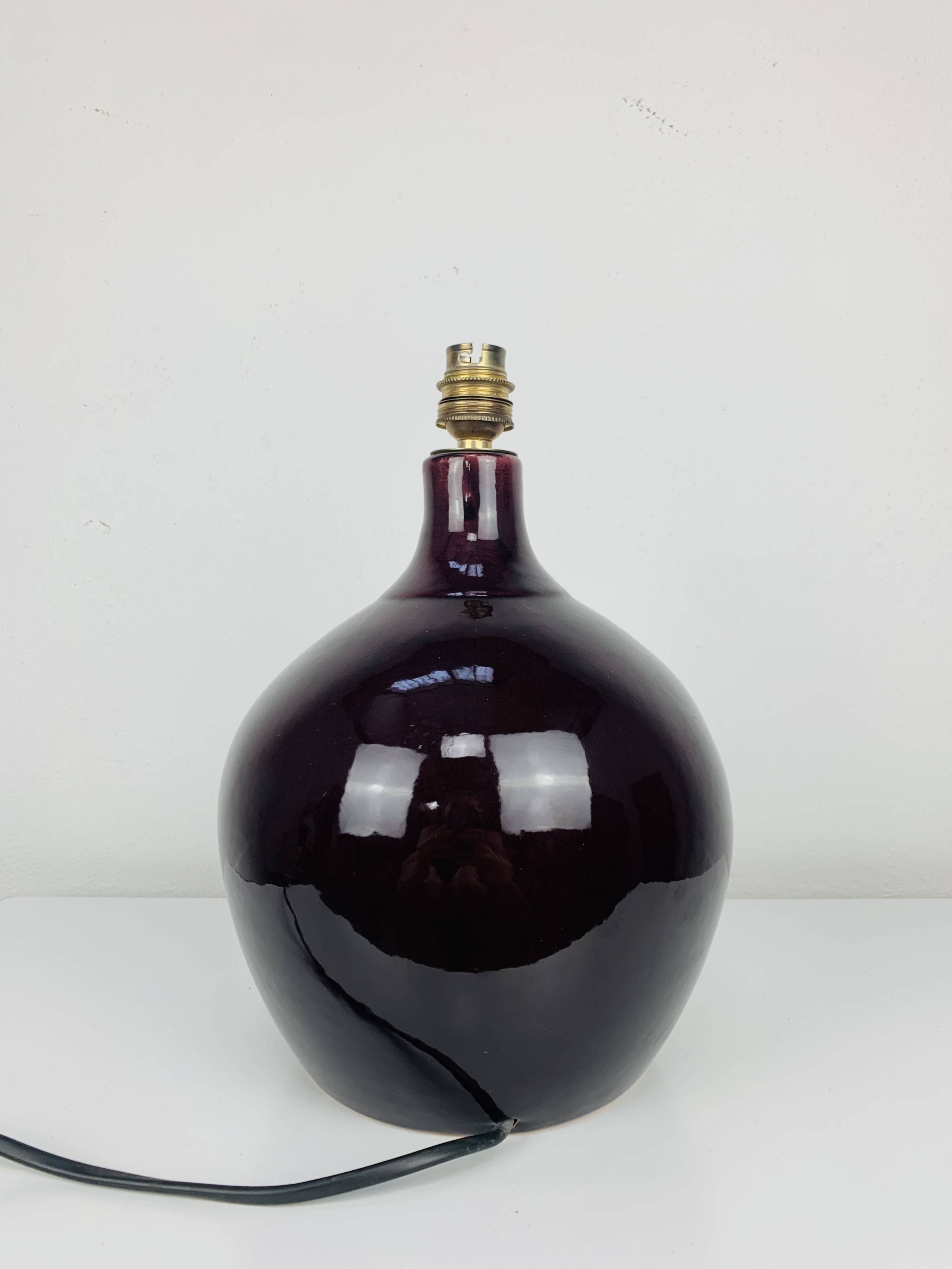 Purple ceramic ball lamp 55 cm from the 60s, silk lampshade