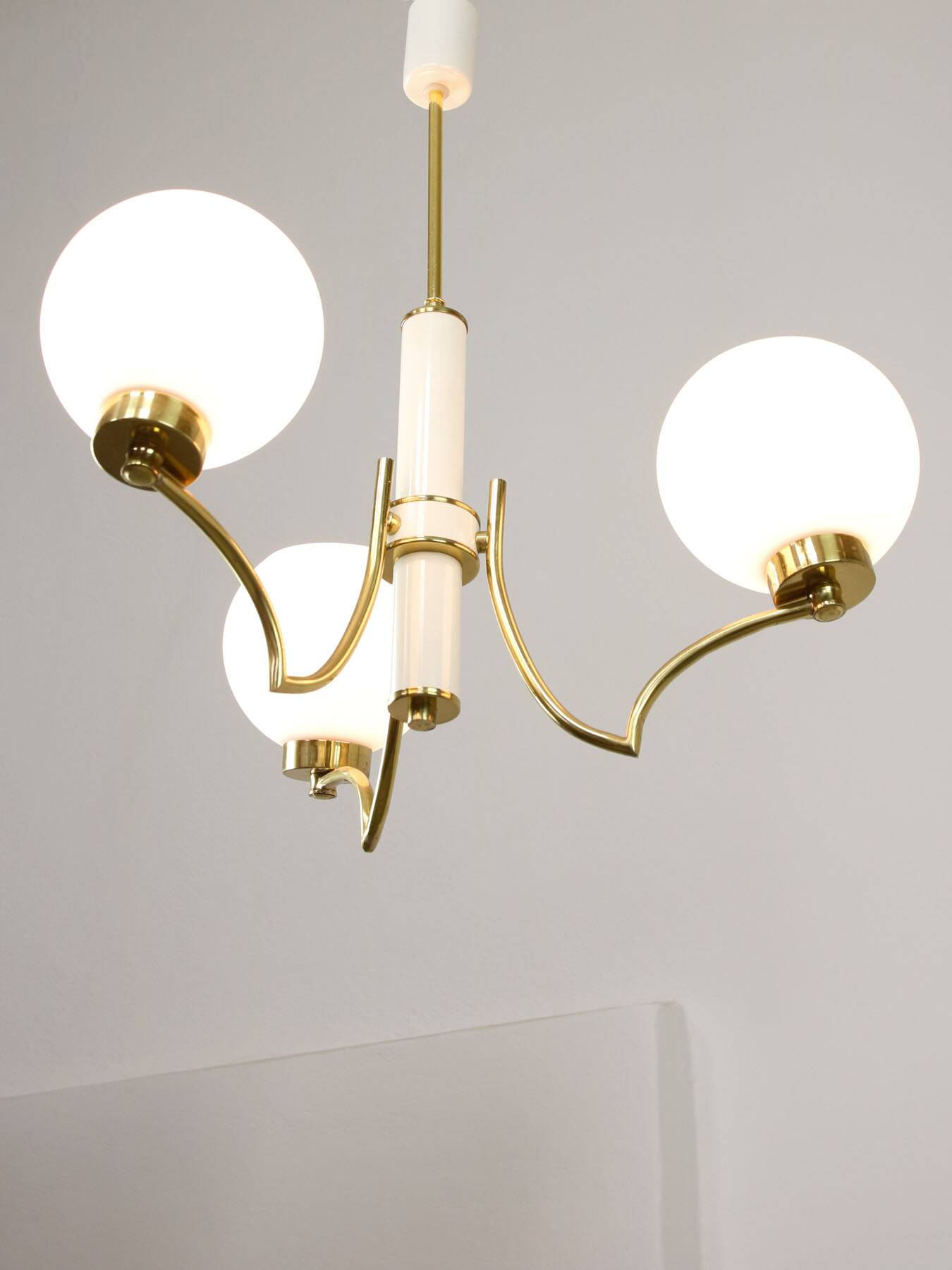 Mid-century Italian Brass and Opaline Chandelier