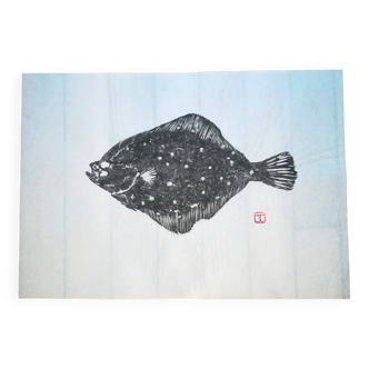 Estampe d'un carrelet, gyotaku original de carrelet