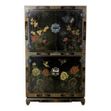 Cabinet vintage noir en laque chinoise avec fleurs et oiseaux / bohème