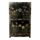 Vintage black Chinese lacquer cabinet with flowers and birds / bohemian