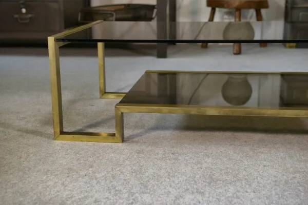 Designer coffee table with brass structure and black smoked glass, 1970s