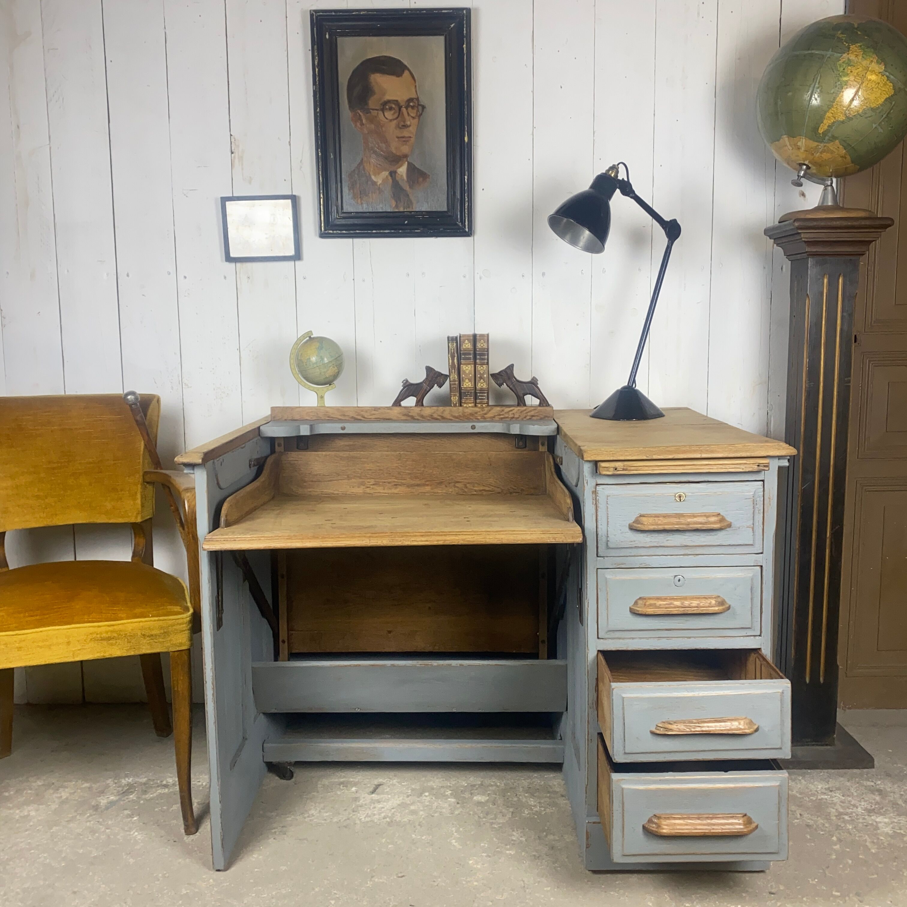 Bureau escamotable chêne patine