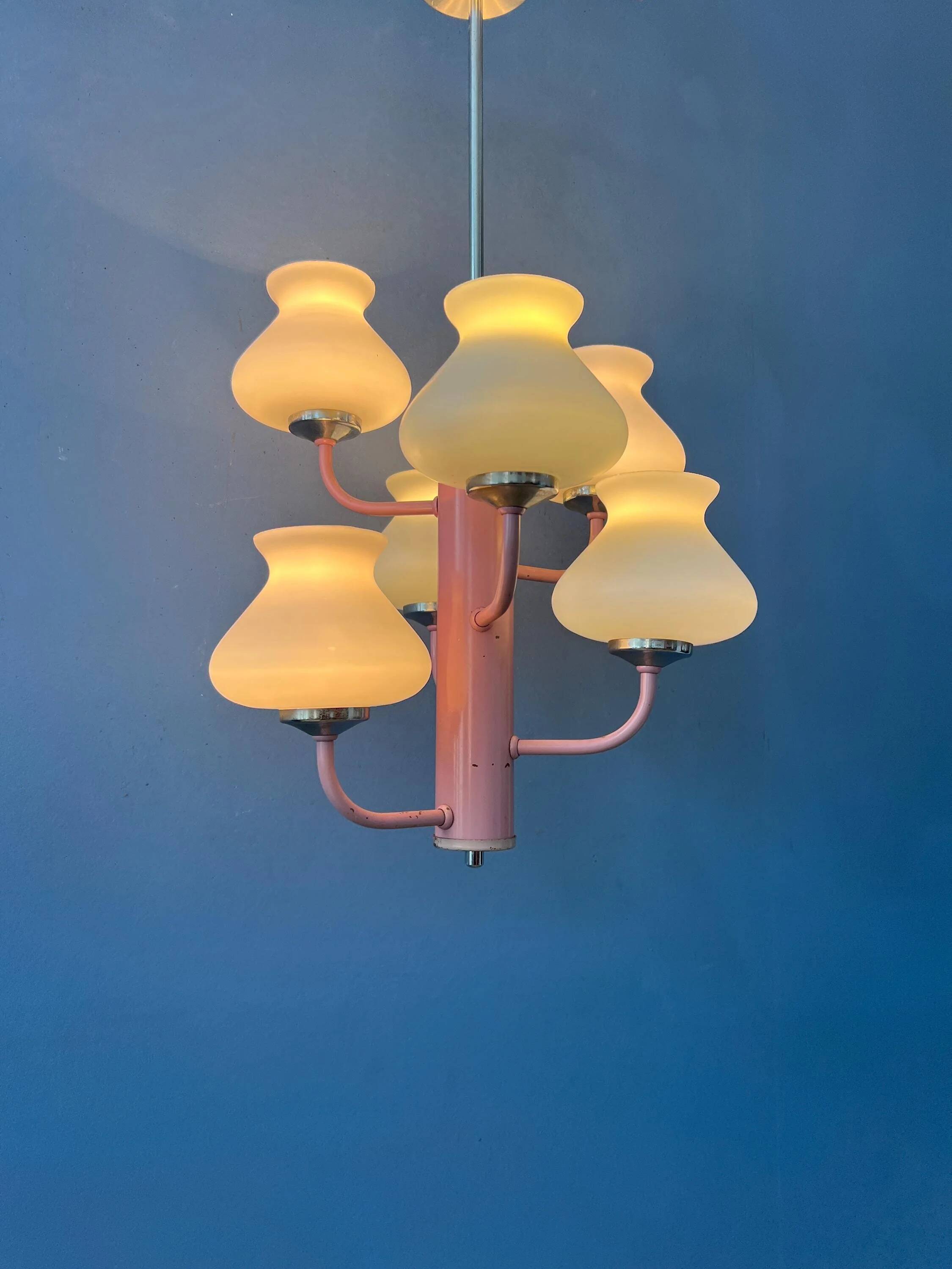 Mid-century opaline glass chandelier with a pink structure.