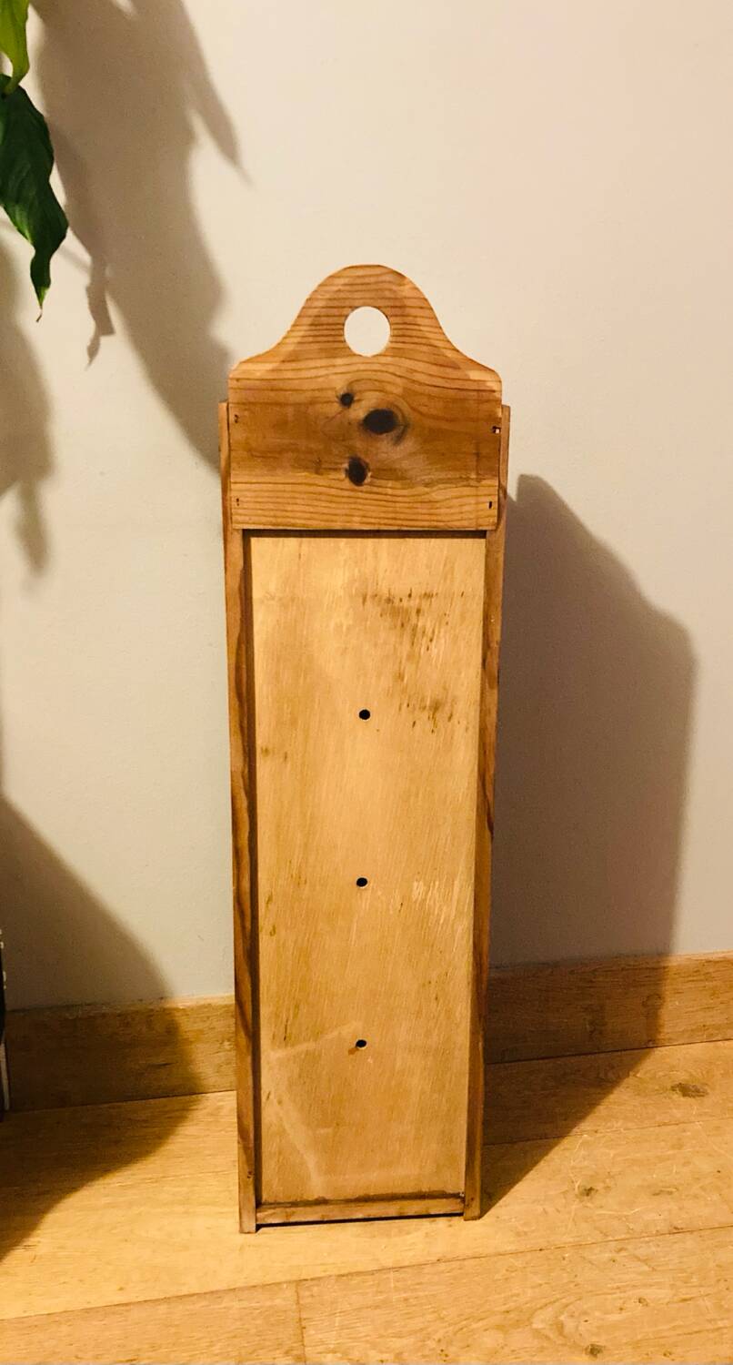 1980s solid wood bread bin decorated with a golden wheat sheaf