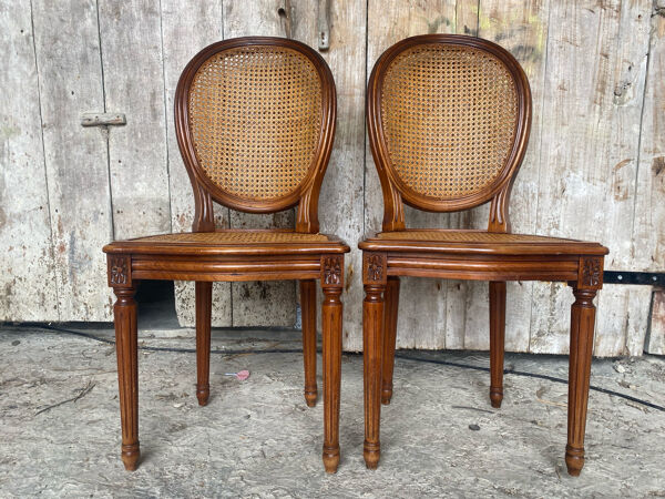 Paire Chaise Ancienne Médaillon Style LOUIS XVI Noyer + Cannage Vintag