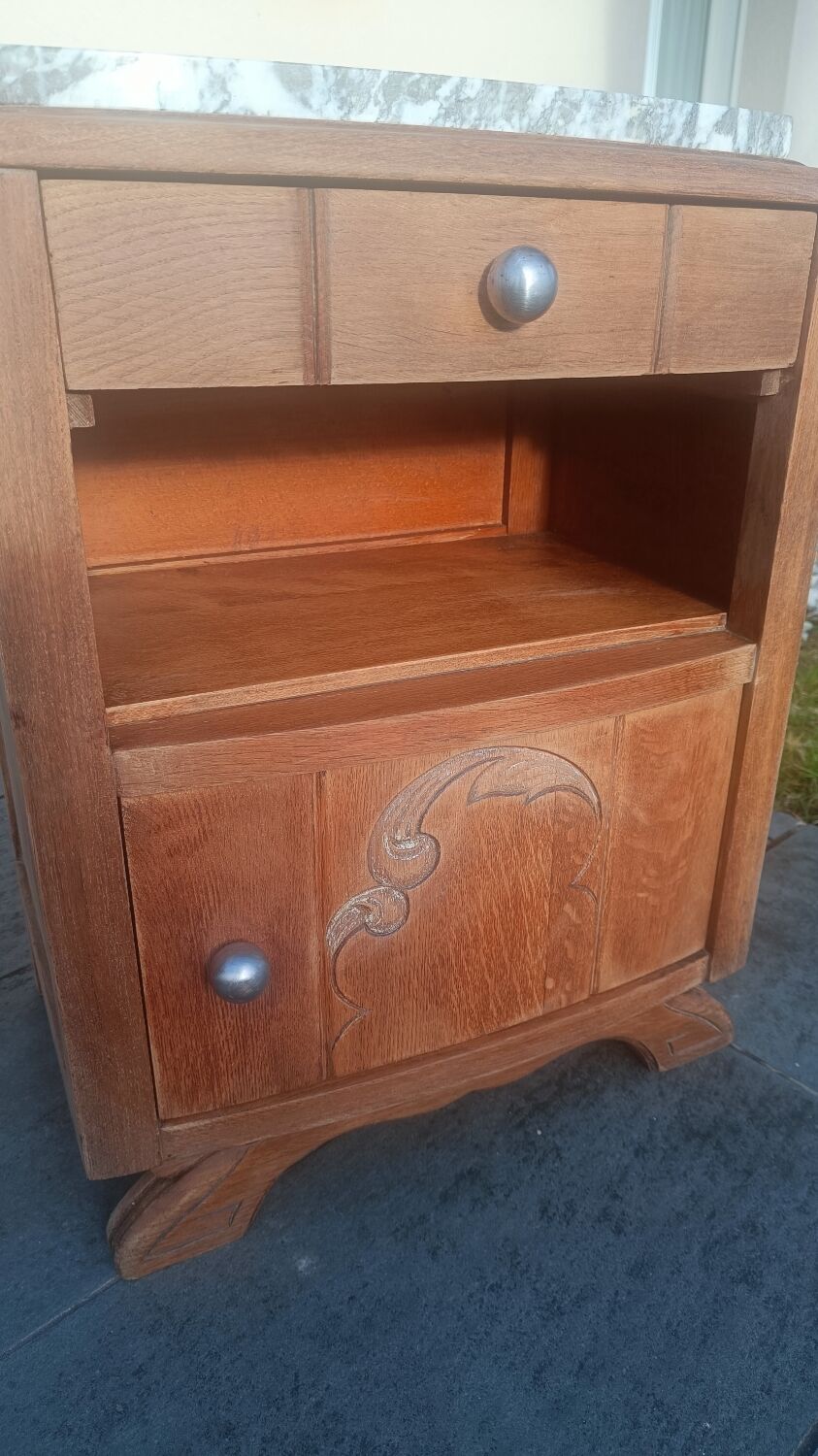 Solid oak bedside table with marble