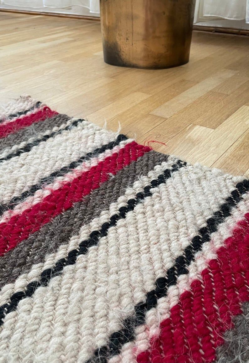 Set of two Romanian wool fluffy rugs with stripes made by hand
