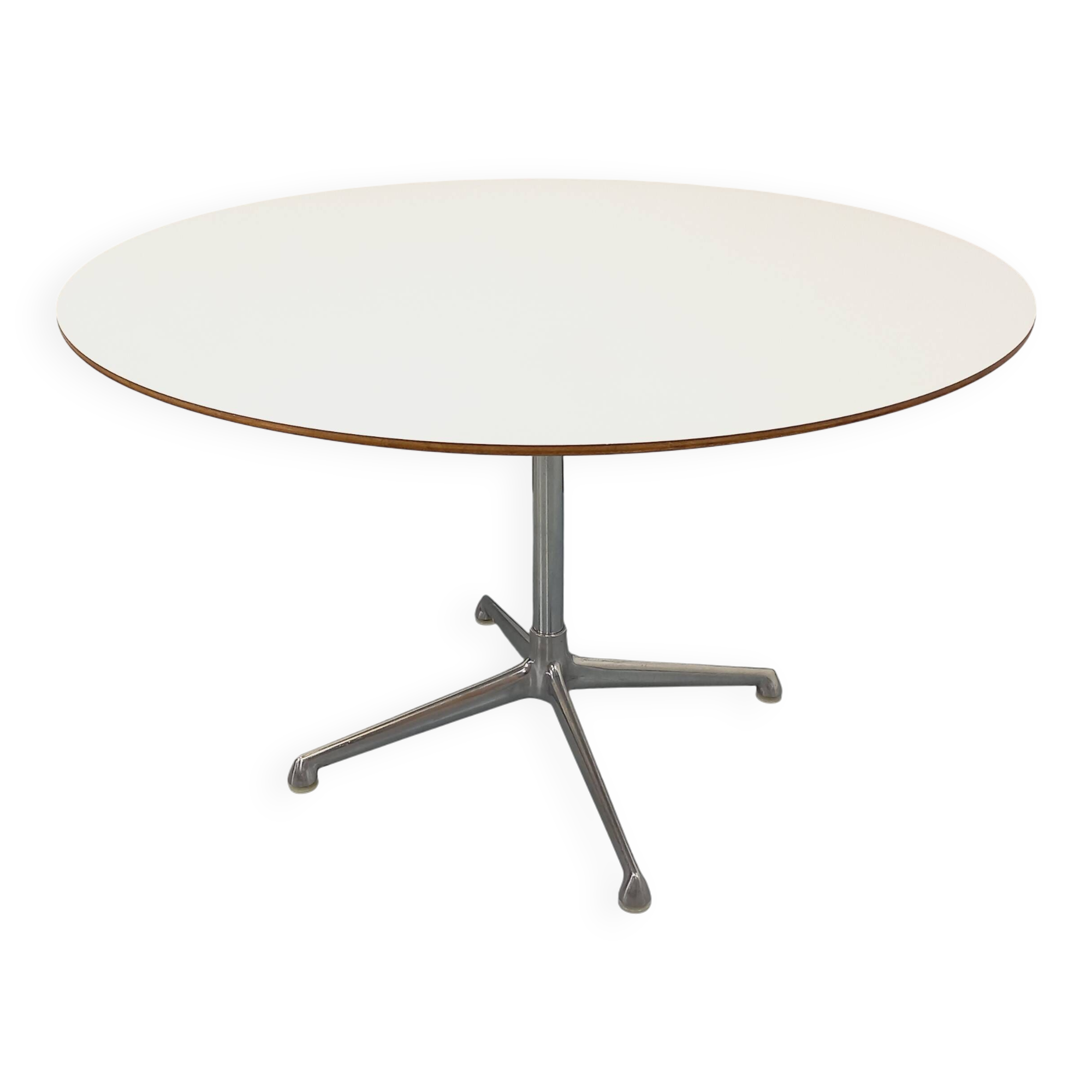 Vintage Eames round table for Vitra in white melamine, wood, and metal.