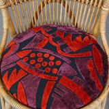 Set of 4 subtle and charming vintage 60s rattan boho chairs with colorful upholstered seats