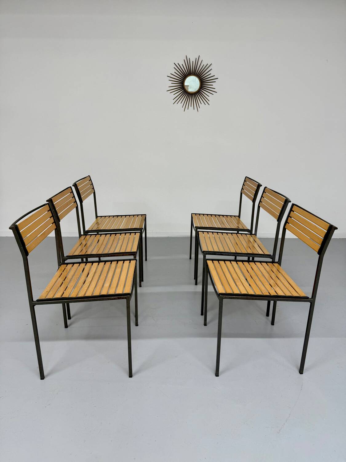 6 old metal and wood chairs, Italian design from the 80s, vintage