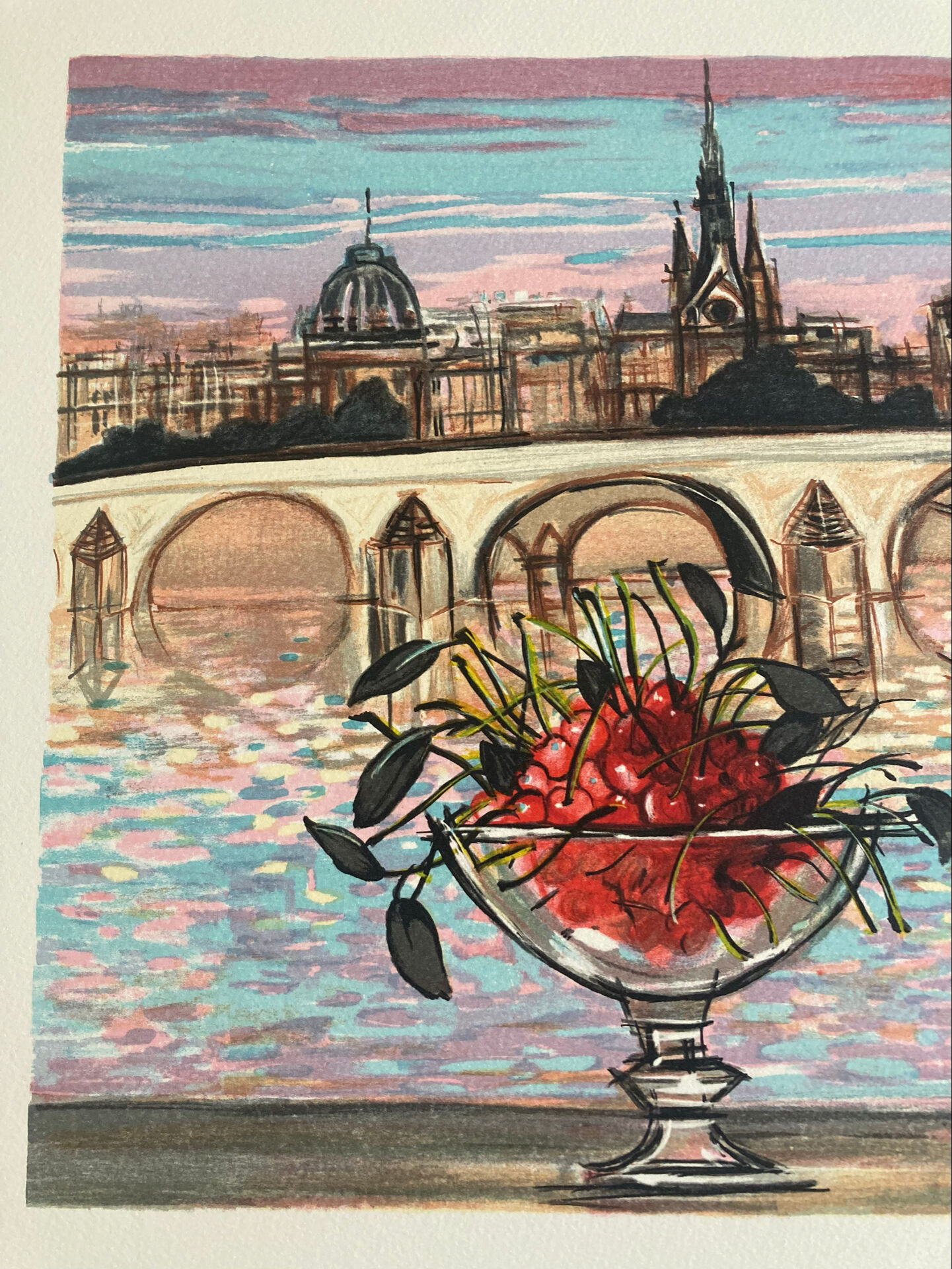 Lithograph signed by Michel Henry - The Institute and Notre Dame de Paris