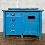 Wooden commercial workshop furniture with 4 drawers and 2 hinged doors - original patina