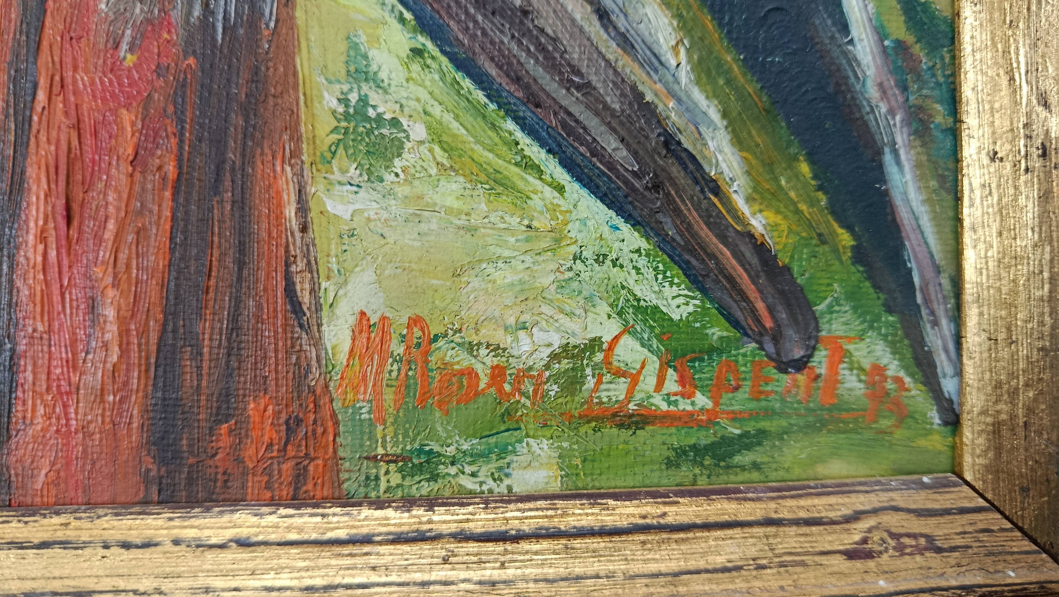 Oil on canvas red-tail bird, m. rosem gispert, spain colirrojo real