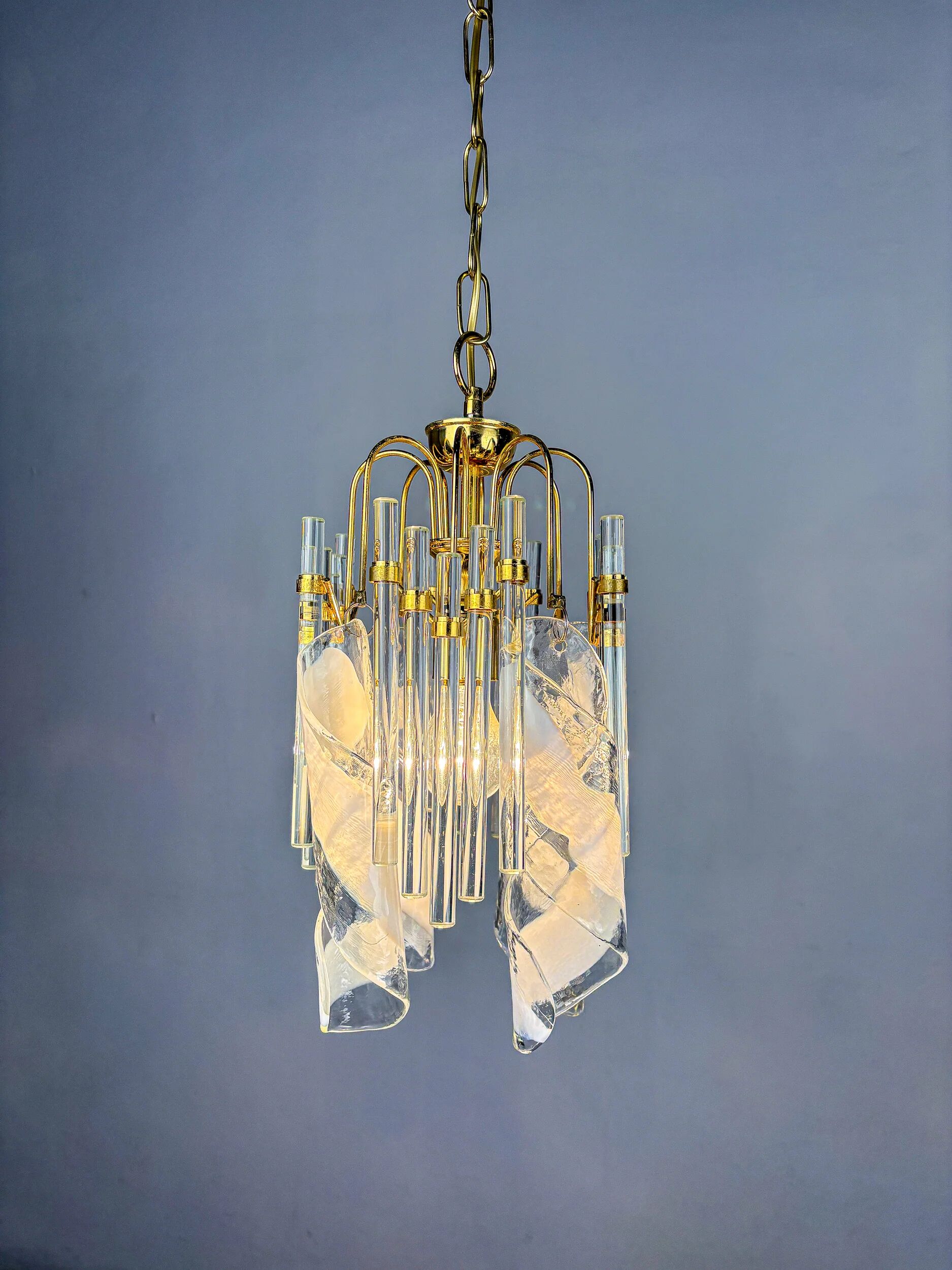Murano glass cascade chandelier – twisted prisms & tubes, brass frame, Italy 1970s