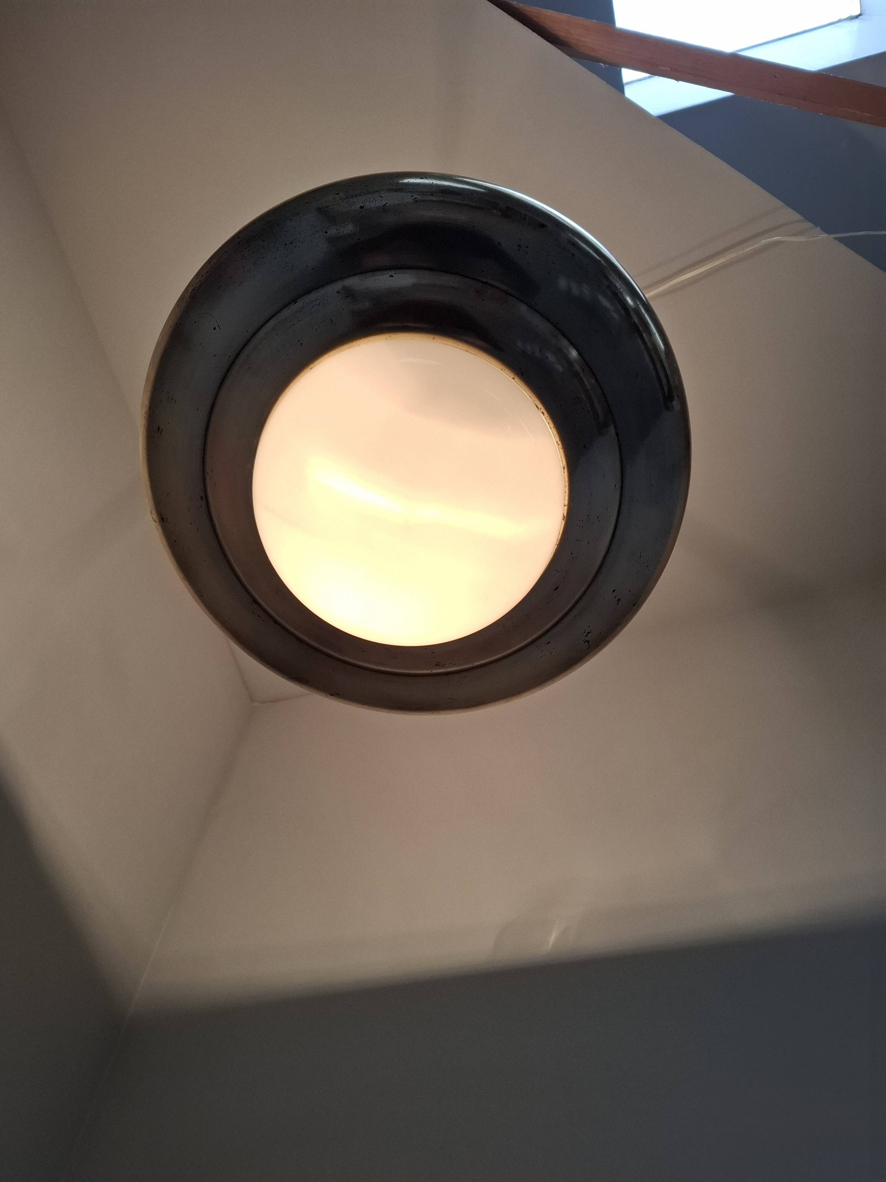 1920 Czechoslovak Art Deco Brass and Opaline Glass Pendant Lamp, Napako 134