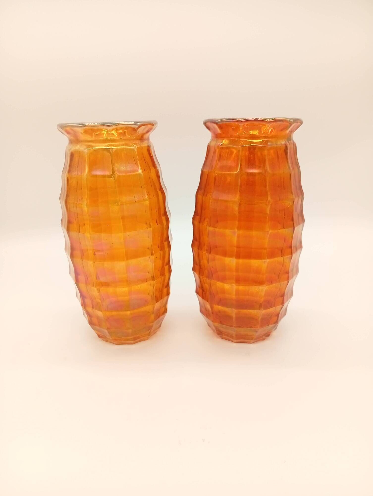 Paire Vases Art Déco Josef Invald Carnival Marigold Orange Irisé Jacobean