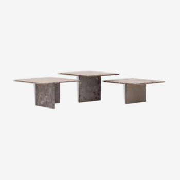 Ensemble de 3 tables basses carrées en marbre fossile, design des années 1970