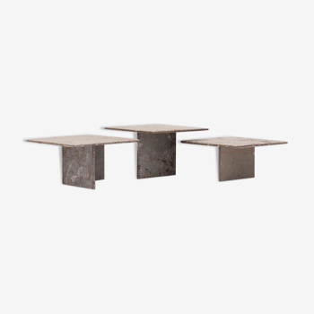 Set of 3 square, fossil marble coffee tables, 1970’s design