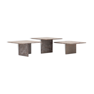 Set of 3 square, fossil marble coffee tables, 1970’s design