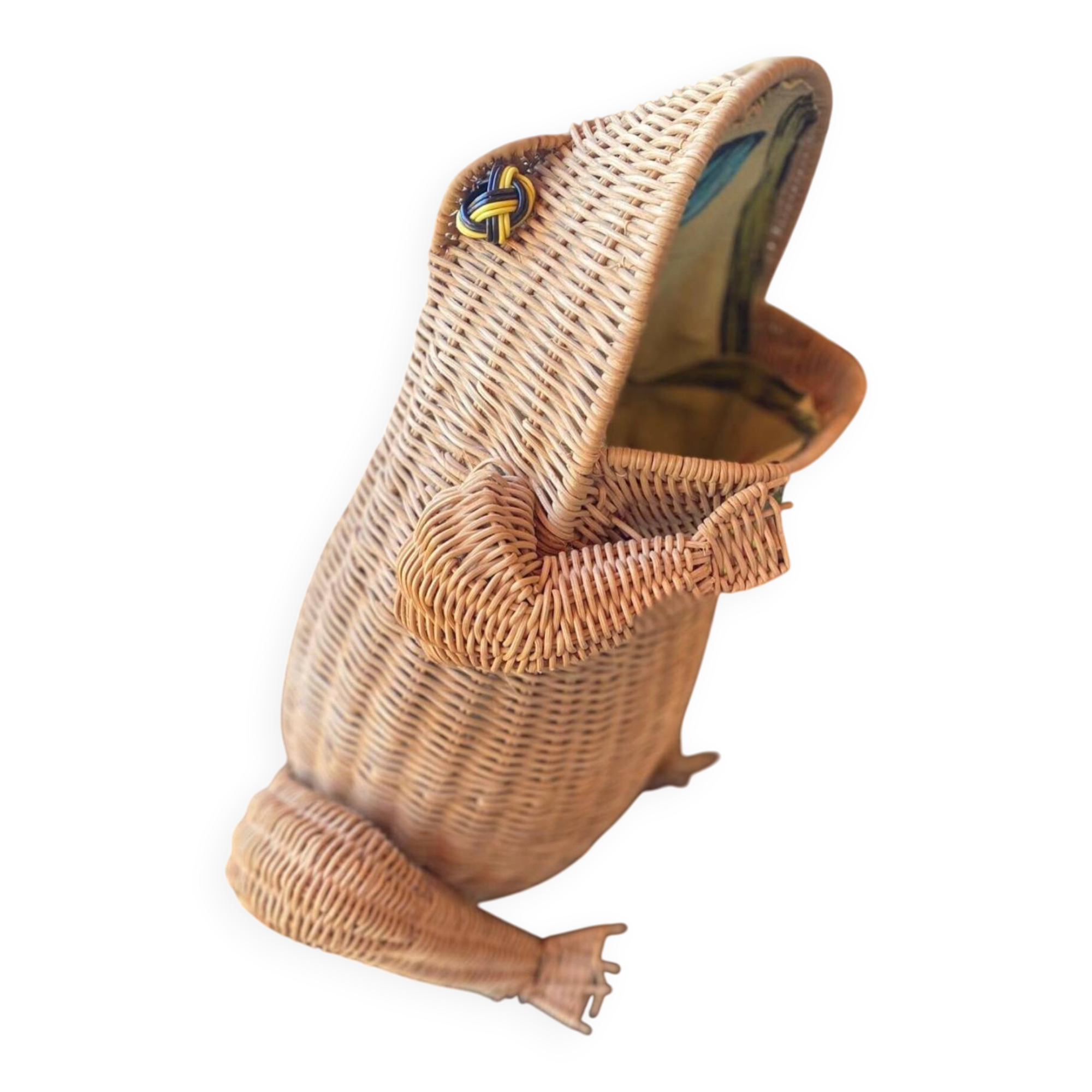 Large vintage 1970s frog magazine rack in rattan — Original fabric