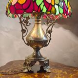 Antique bronze lamp and Tiffany-style stained glass shade. 46x32
