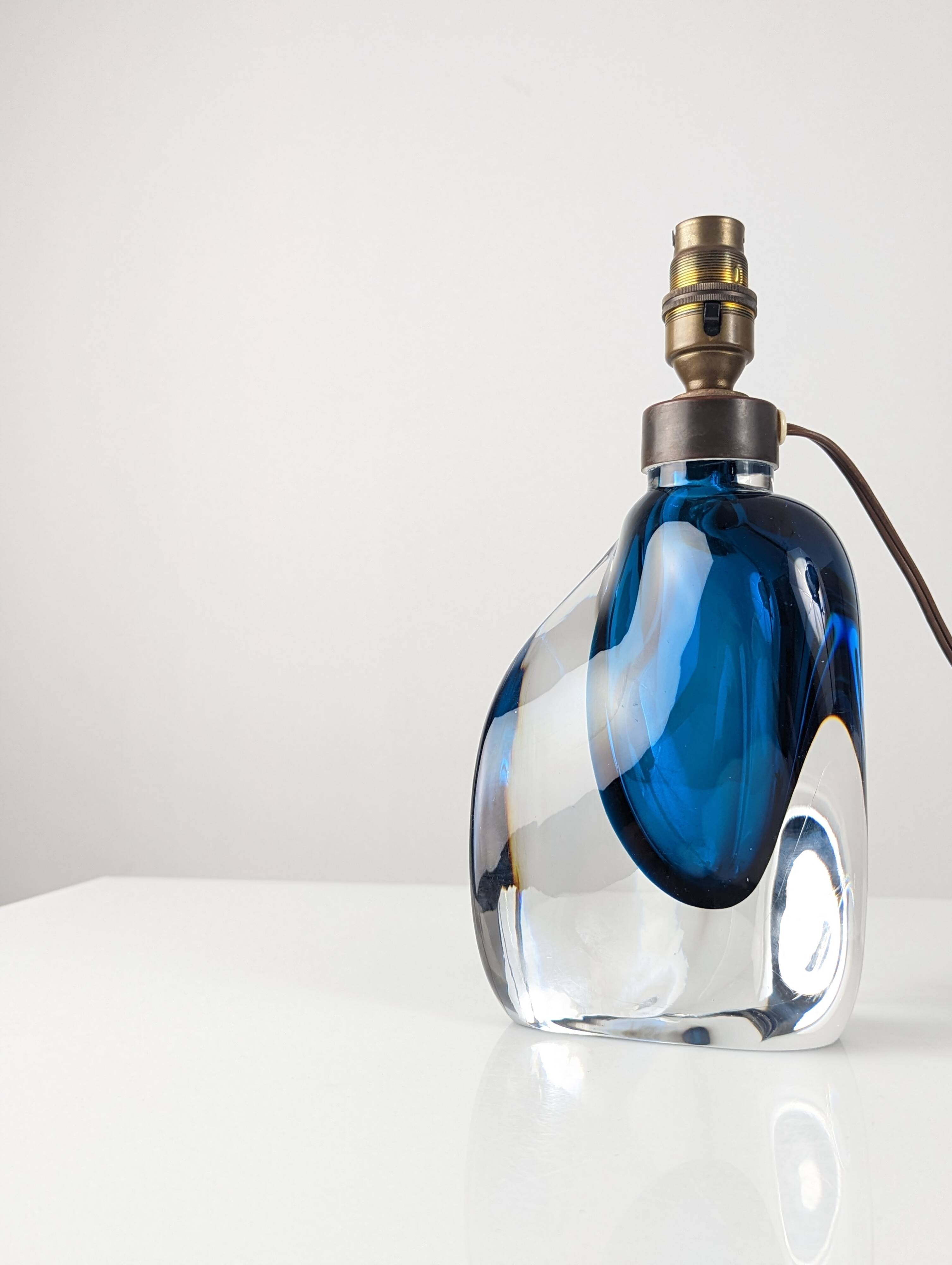 Orrefors Swedish Modern Blue Cased Glass Table Lamp Numbered 1950s