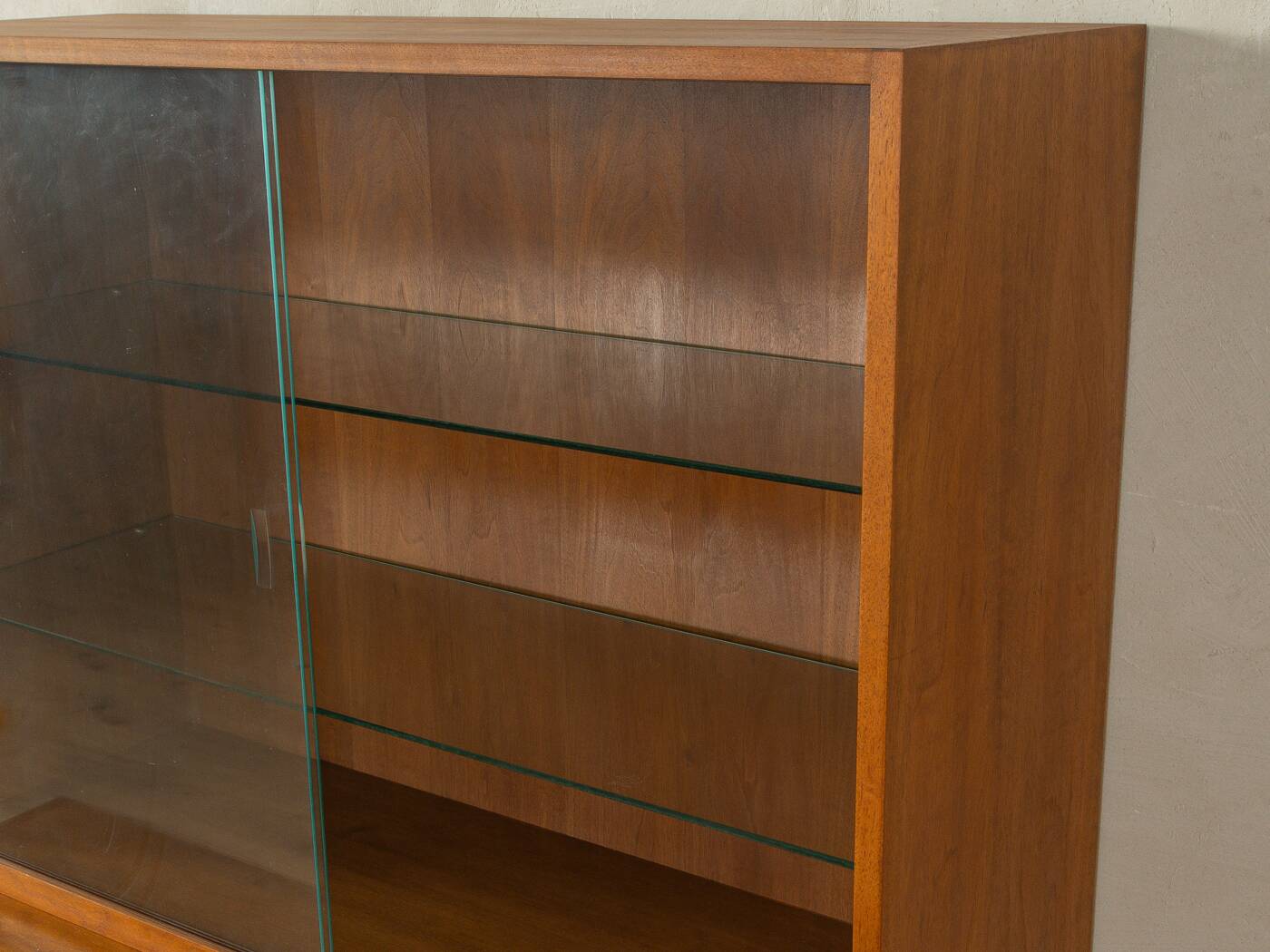 1950s display cabinet, walnut veneer, glass sliding doors