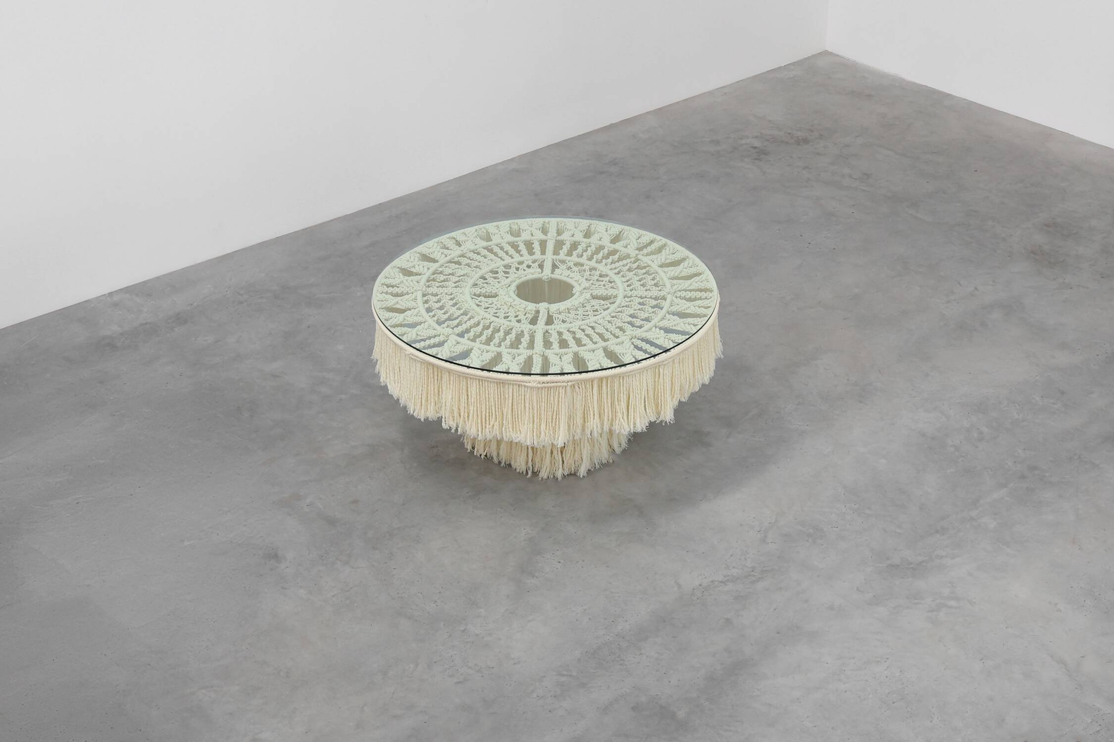 Monumental dining table with glass top and macramé, Italy