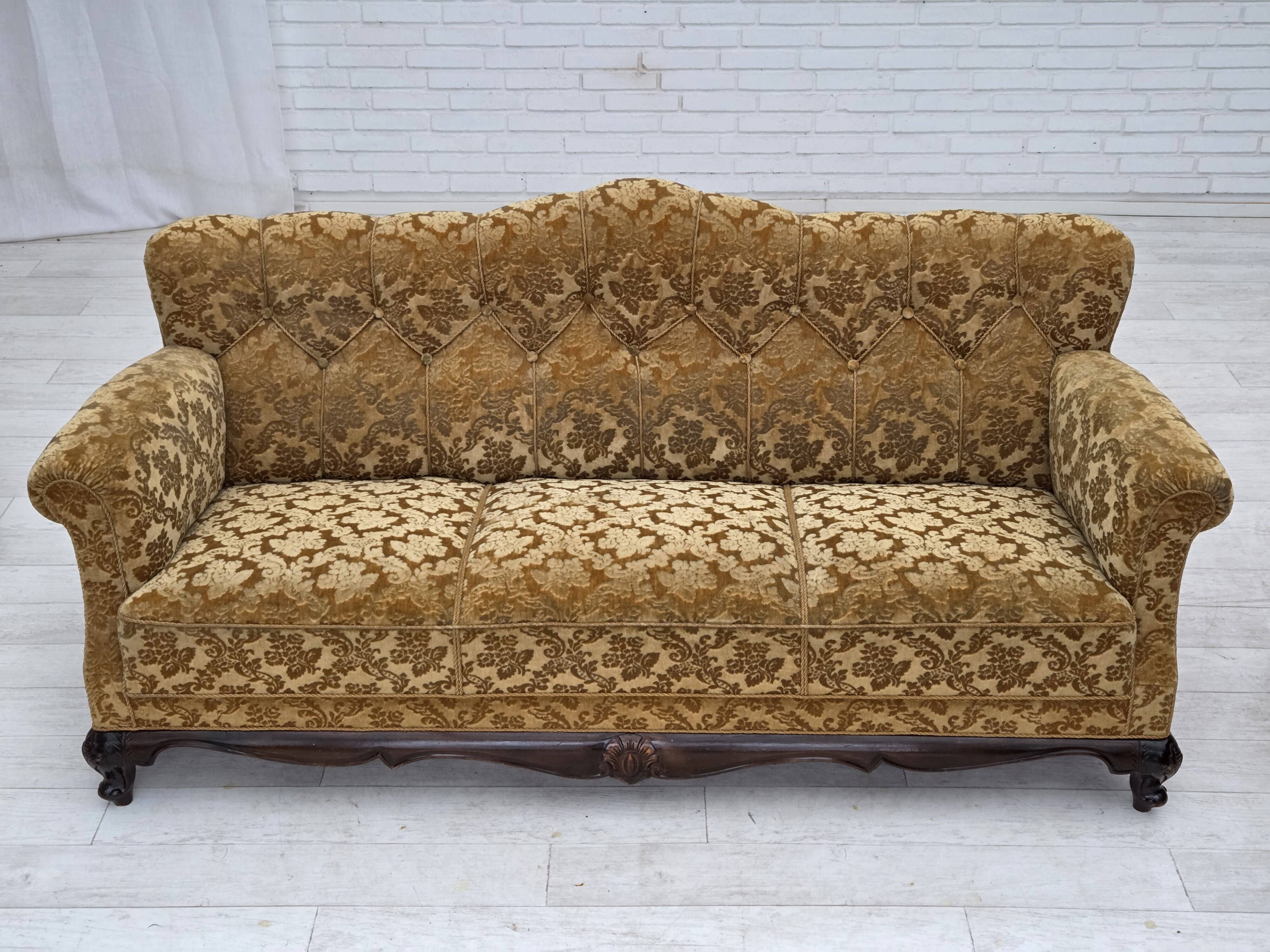1950s, Danish 3-seater sofa, furniture velour, carved oak wood.