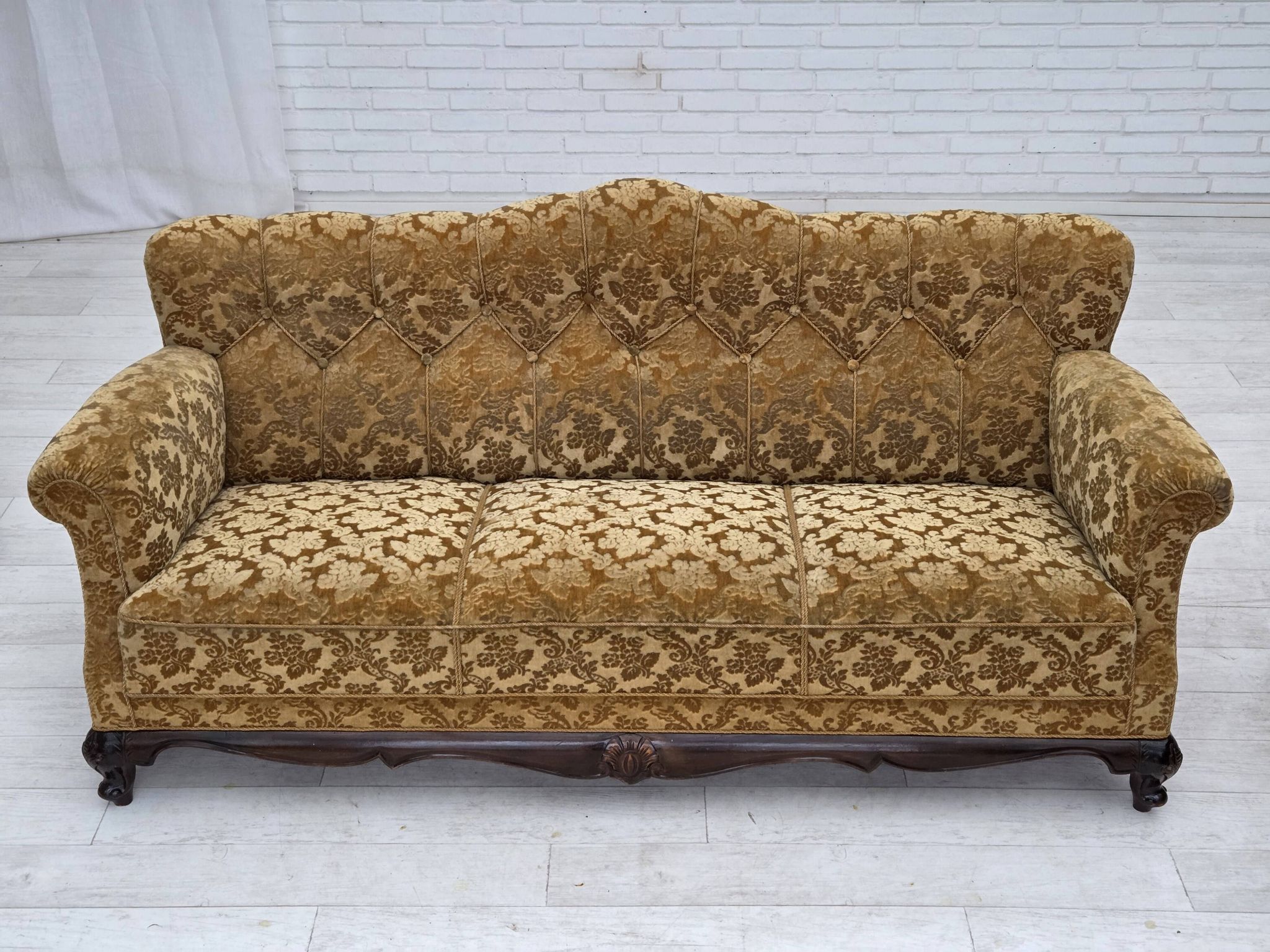1950s, Danish 3-seater sofa, furniture velour, carved oak wood.