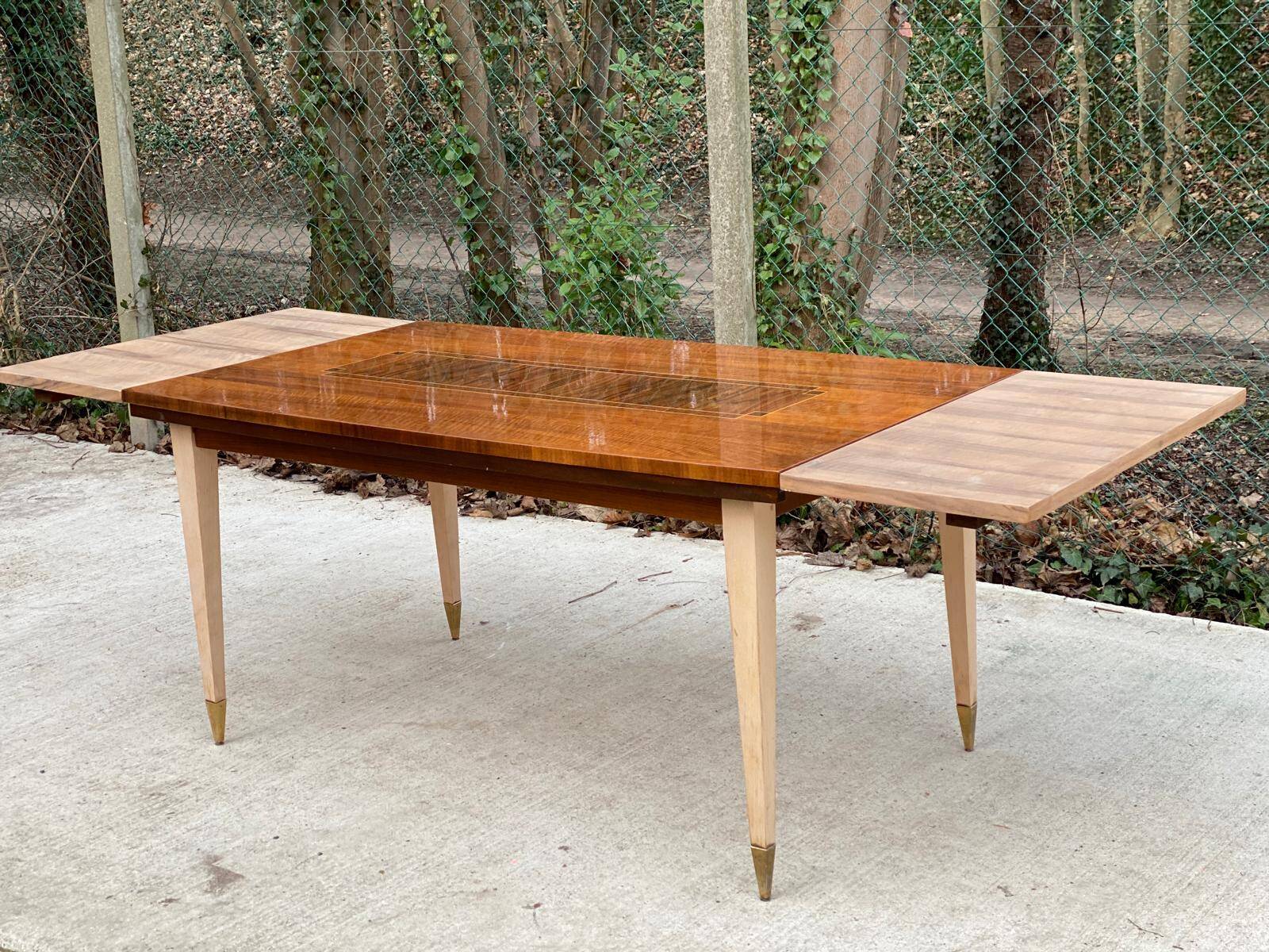 Scandinavian extendable dining table in wood and beautiful lacquered marquetry 230cm