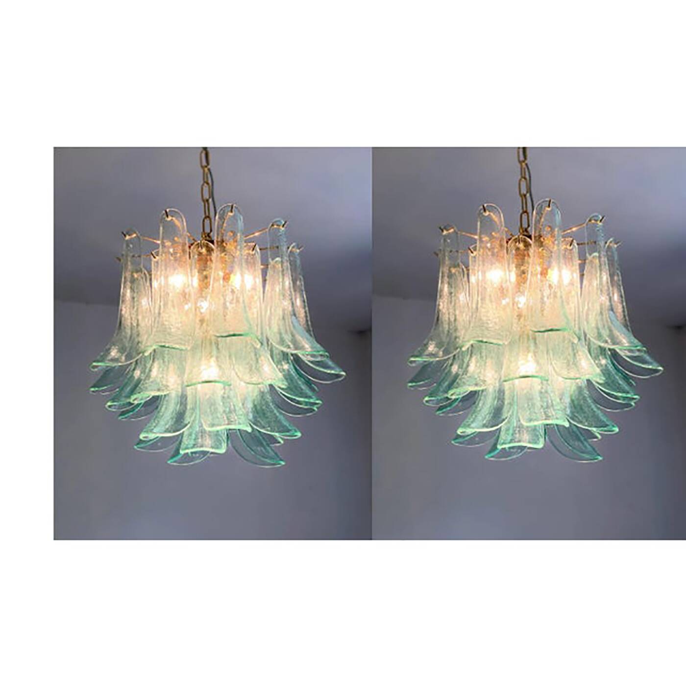 Lot of 2 Contemporary Green Murano Style Glass "Sella" Chandelier With Gold