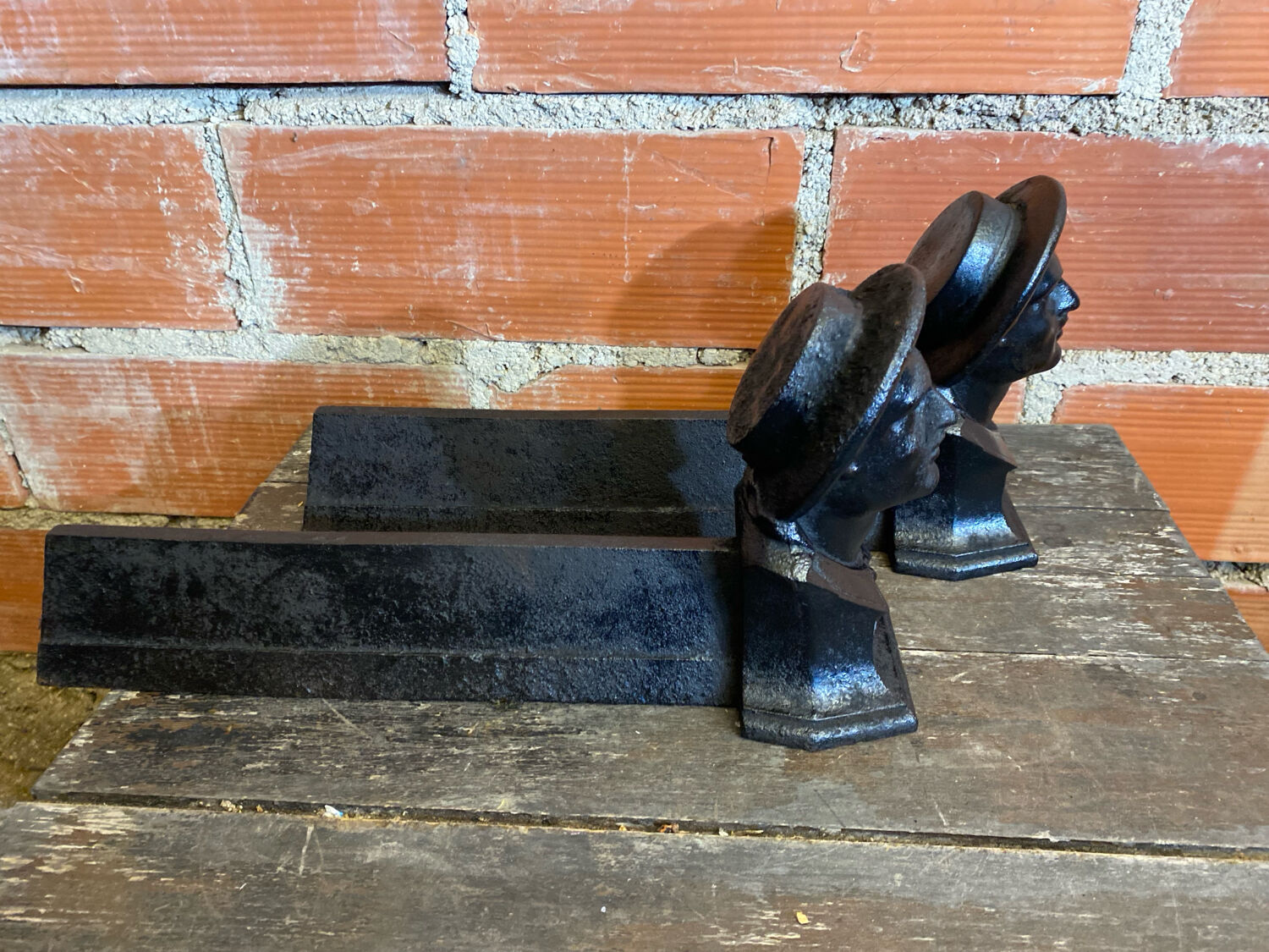 Pair of Fireplace Chenets Man with Hat Black Cast Iron Vintage #D703