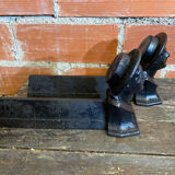 Pair of Fireplace Chenets Man with Hat Black Cast Iron Vintage #D703
